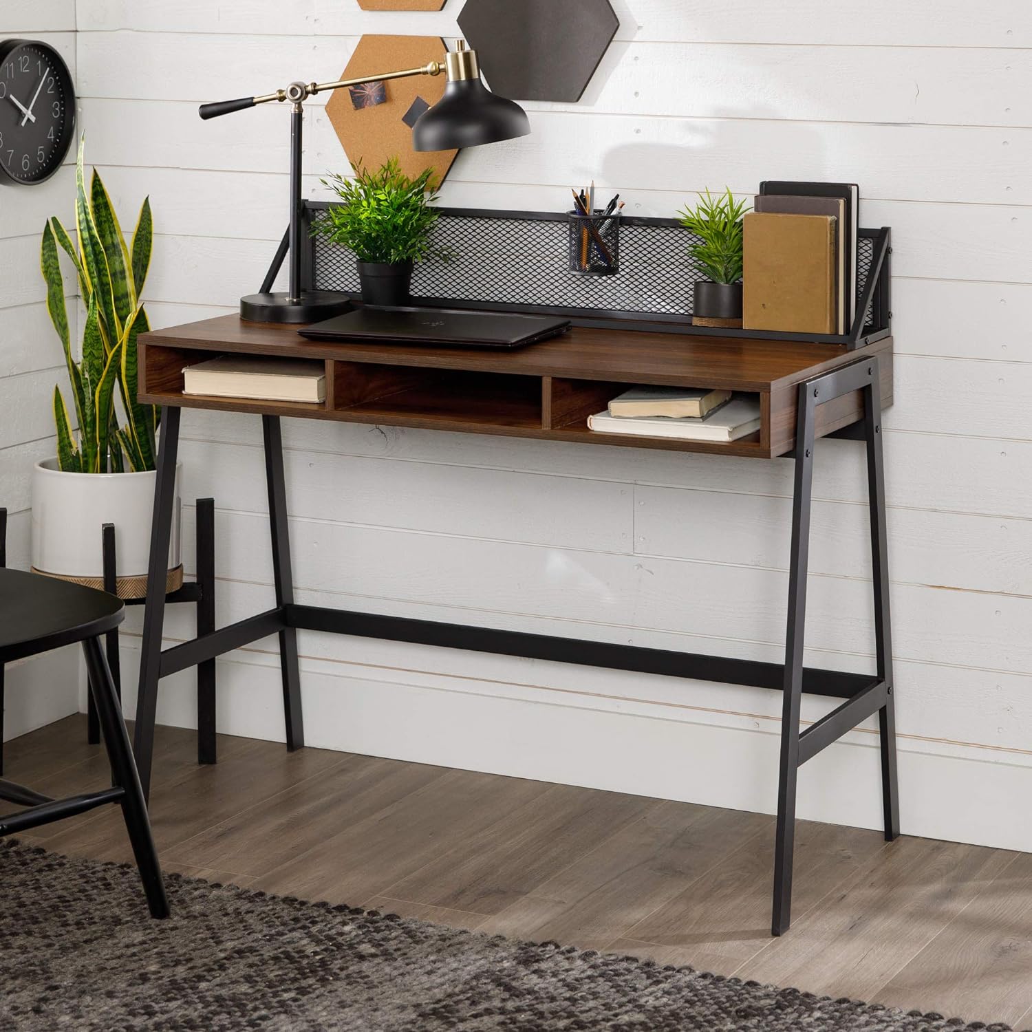 industrial small space desk with black metal mesh backing panel and walnut wood tabletop with built in cubbies 43 inch width desk for small WFH setup ideas and inspiration