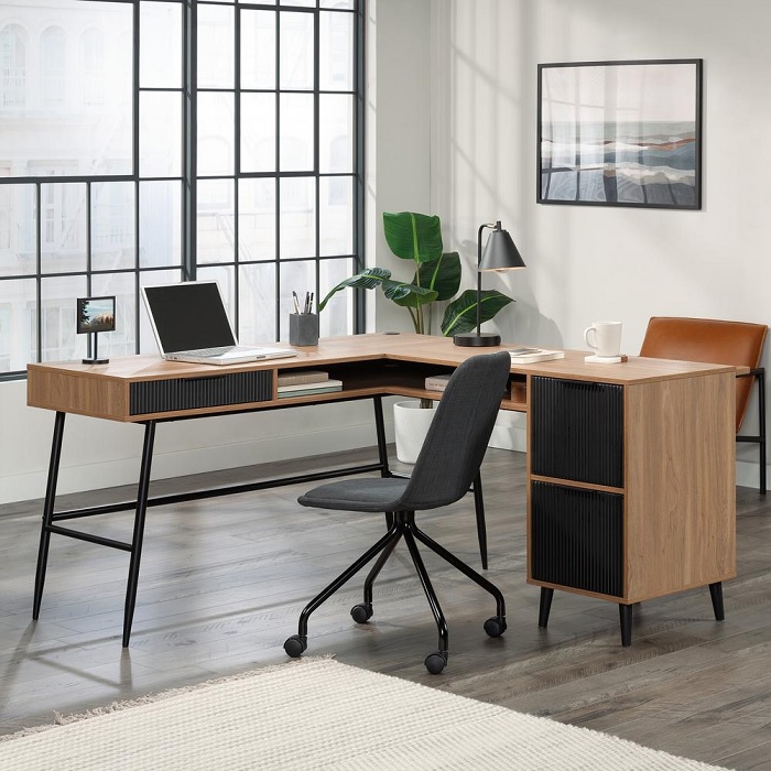 l shaped desk mid century modern with medium brown walnut finishes and black drawers L shaped desks with storage high quality home office retro furniture ideas