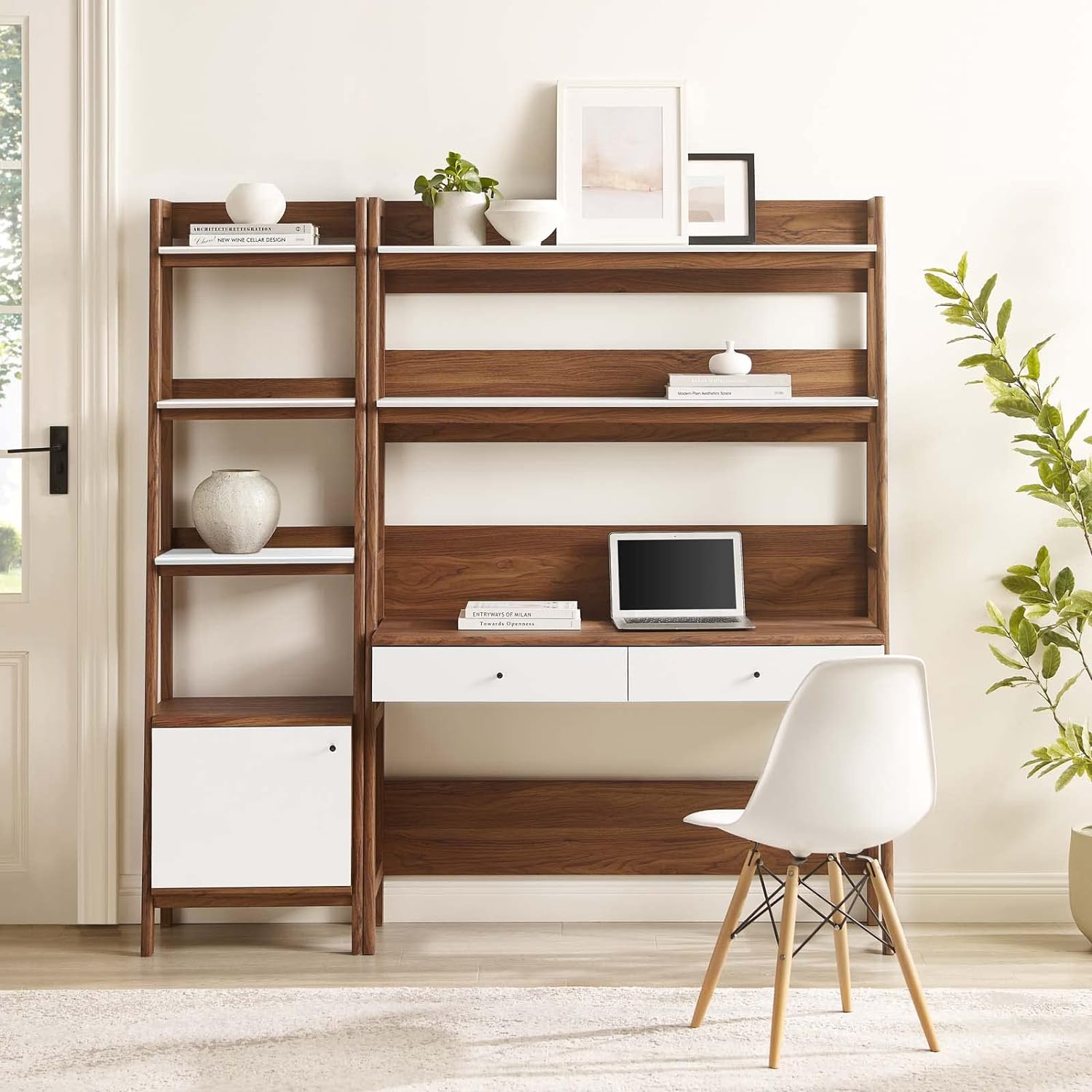 large mid century modern desk with storage walnut finish white drawer and cabinet faces retro mid century home office furniture with bookshelves and cabinet drawers