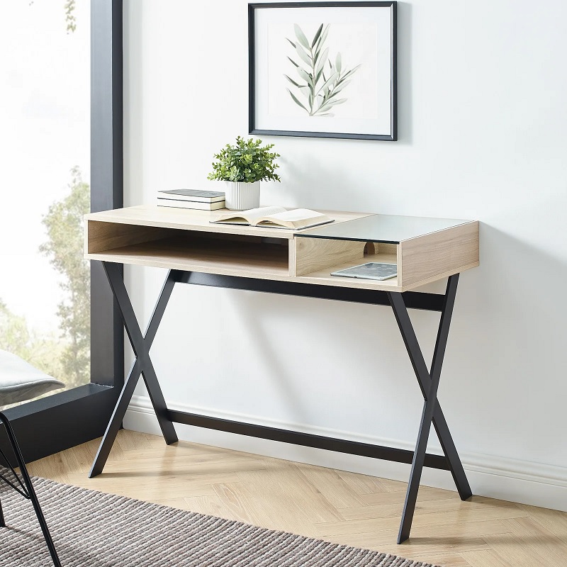 light wood small desk for small space black base wood and glass desktop tabletop surface cubby storage unique home office furniture for tiny rooms space saving WFH furniture