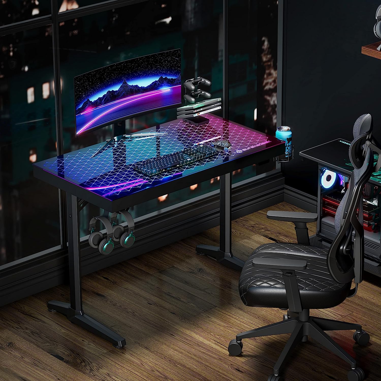 luxury small gaming desk with tempered glass tabletop and built in geometric RGB LEDs built in USB ports unique high end quality gaming desks for adults