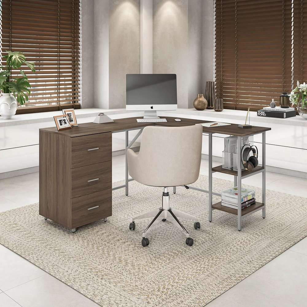 medium brown corner L shaped desk with built in storage and three drawers with two shelves unique desks for bedroom corner multipurpose home office setup inspiration stylish modern