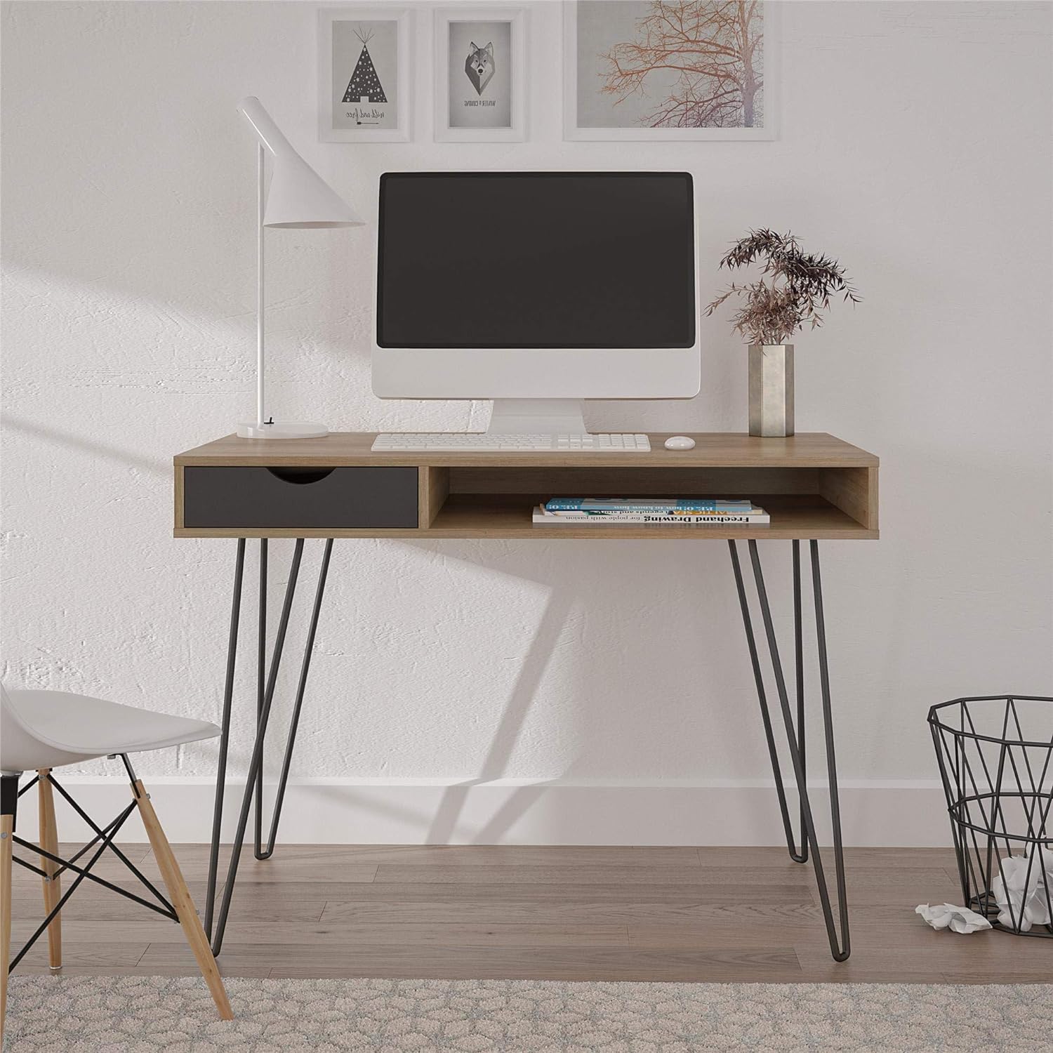 medium wood finish small work desk with black drawer and hairpin legs unique modern farmhouse desks for sale cheap online unique industrial home office furniture 41 inch desk