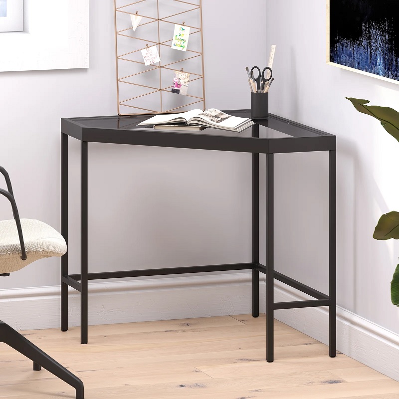 minimalist modern corner desk with black metal framing and transparent glass tabletop super simple multipurpose furniture ideas for small space home office cheap work from home desks