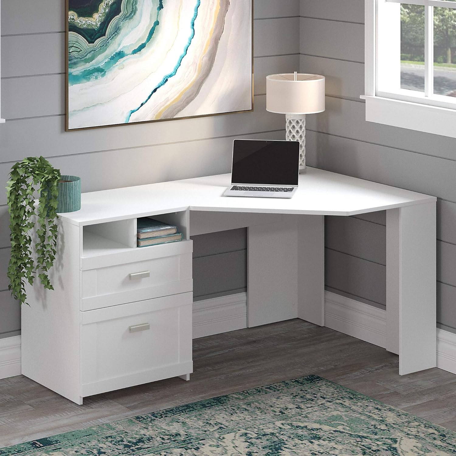 minimalisth ome office corner desk with file storage drawer and open storage cubbies large L shaped desk for bedroom corner multipurpose living room WFH setup inspiration cheap desks