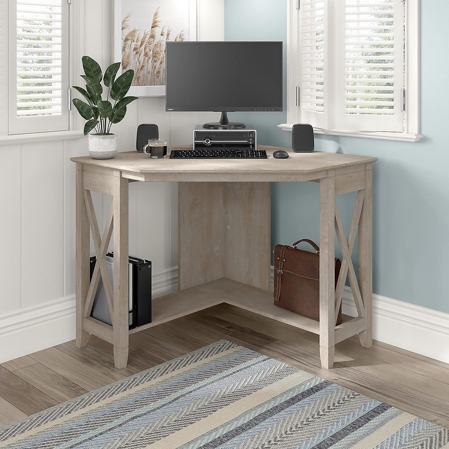 modern farmhouse small corner computer desk with cross braced sides and whitewashed finish light oak wood cute desks for tiny work from home spaces compact computer desk for sale