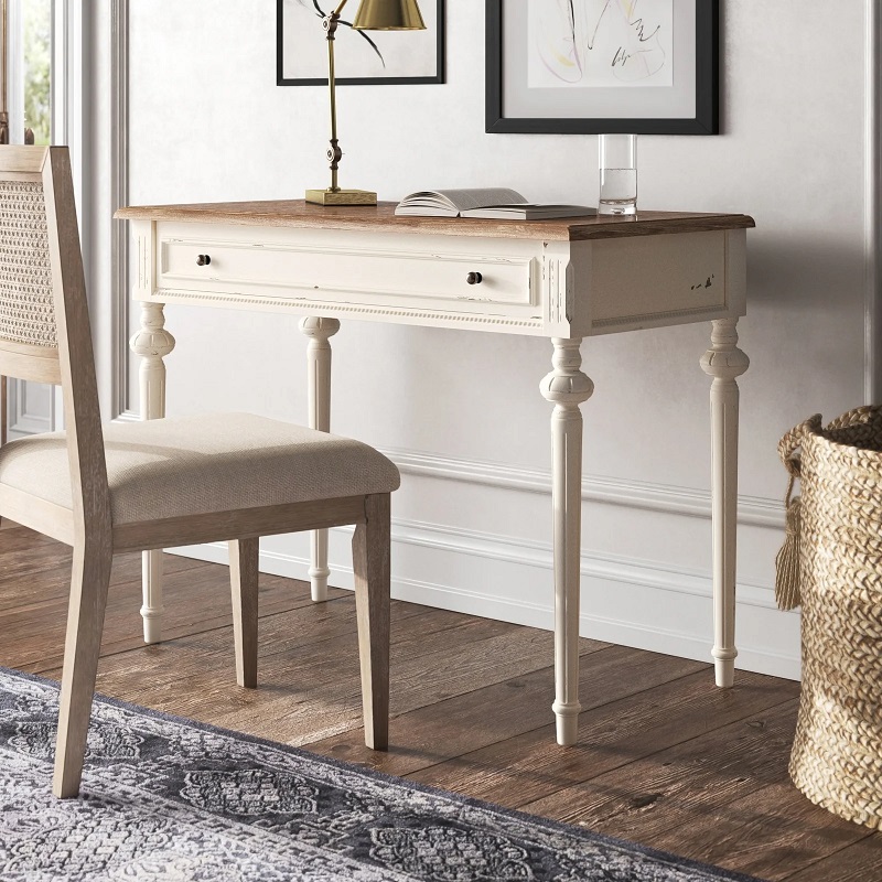 modern farmhouse small desk for sale online rustic white finish antique inspired home office furniture for farmhouse decor theme distressed white with wooden tabletop fluted legs