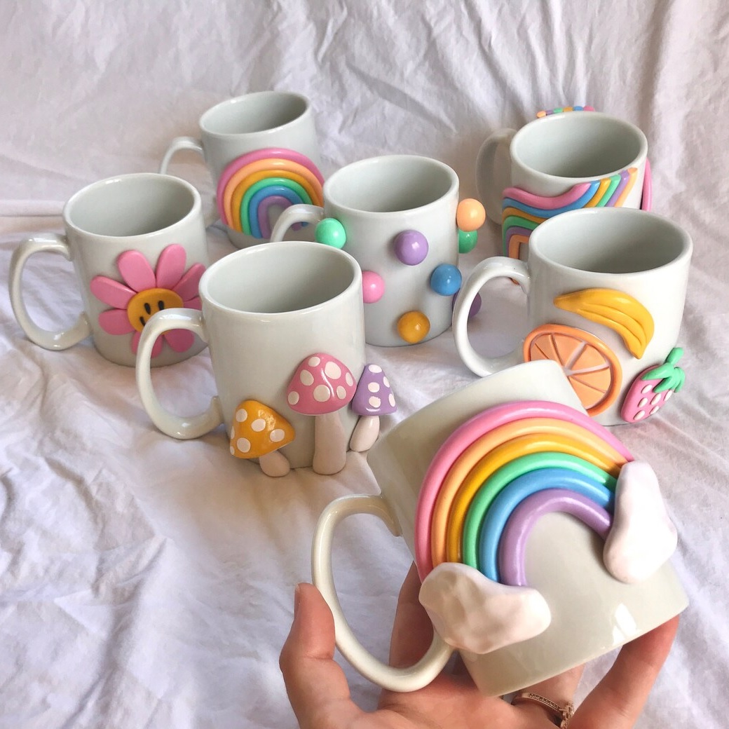 pastel rainbow coffee mugs handmade gifts for sale online cutest coffee cup inspiration fruits mushrooms funny hippy gift inspiration polka dots clay artwork