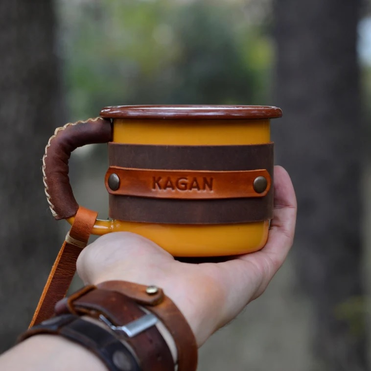 personalized coffee mug for hikers and campers outdoor gift ideas for coffee lovers strong enameled coffee mug with leather exterior stamped custom mug gifts for sale handmade