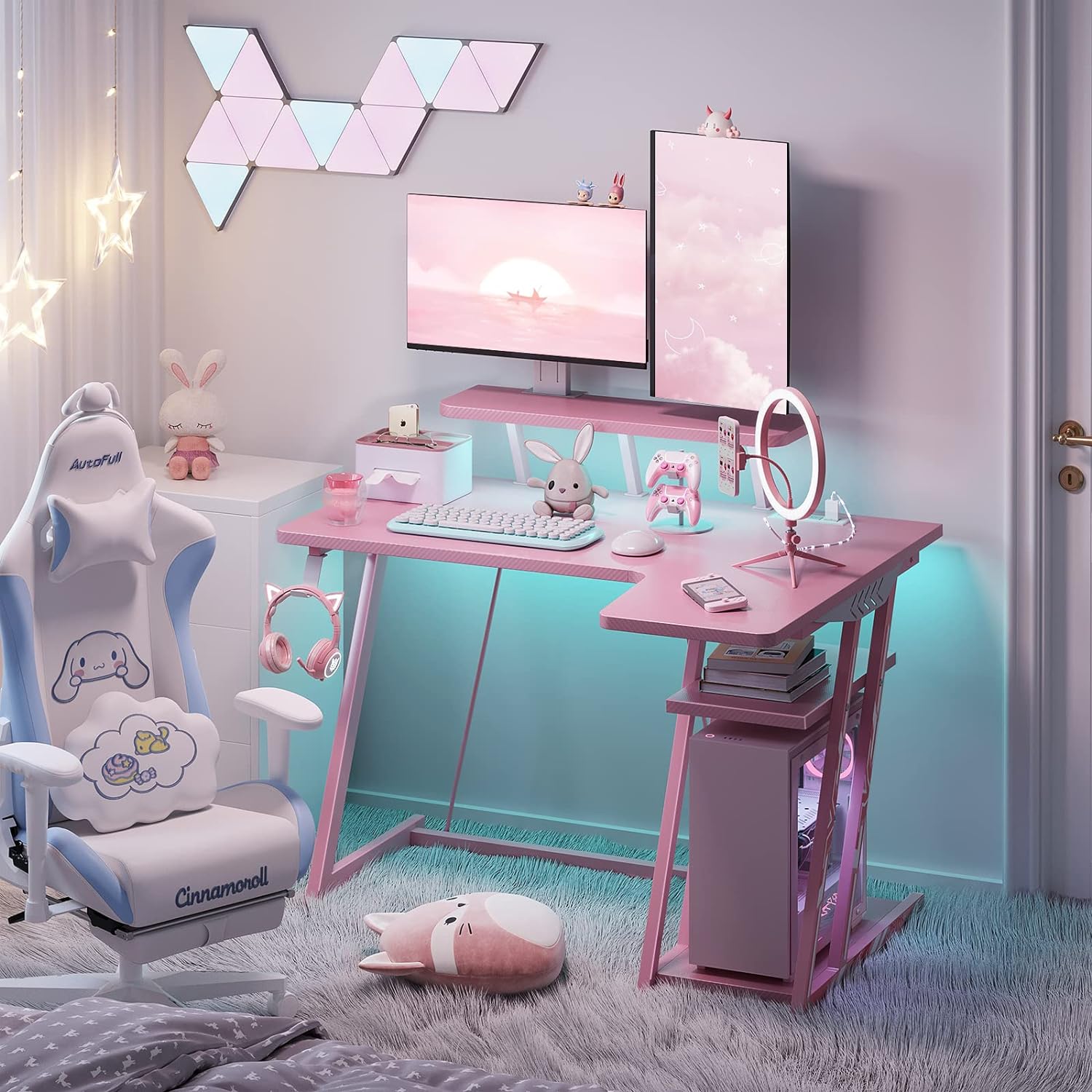 pink L shaped desk small space desks for gamers cute pink desks for sale online small space bedroom gaming setup inspiration pink and white decor for gamer girl study space ideas