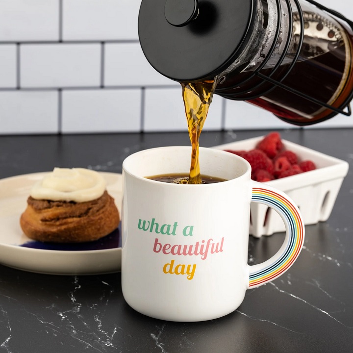 rainbow themed 20oz coffee mug that says what a beautiful day with arc rainbow handle convenient easy to clean novelty mugs for work creative gift inspiration inspiring decor