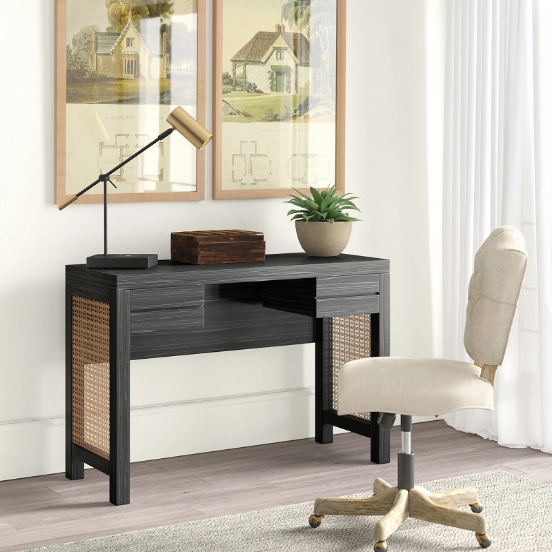 rattan cane and black wood desk for small rooms beautiful sophisticated home office furniture for the living room or bedroom gorgeous modern desk for small spaces WFH decor ideas