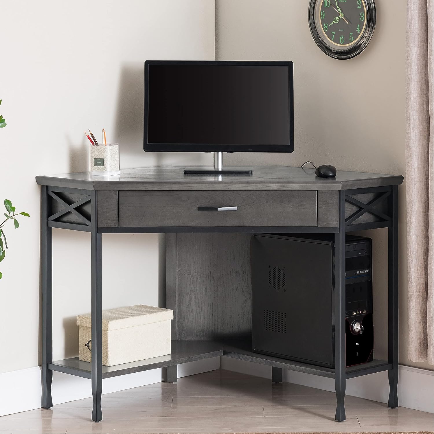 rustic small corner desk fori ndustrial home office decor inspiration grey wood finish with black cross braced metal framing pull out drawer for storage tiny space work from home