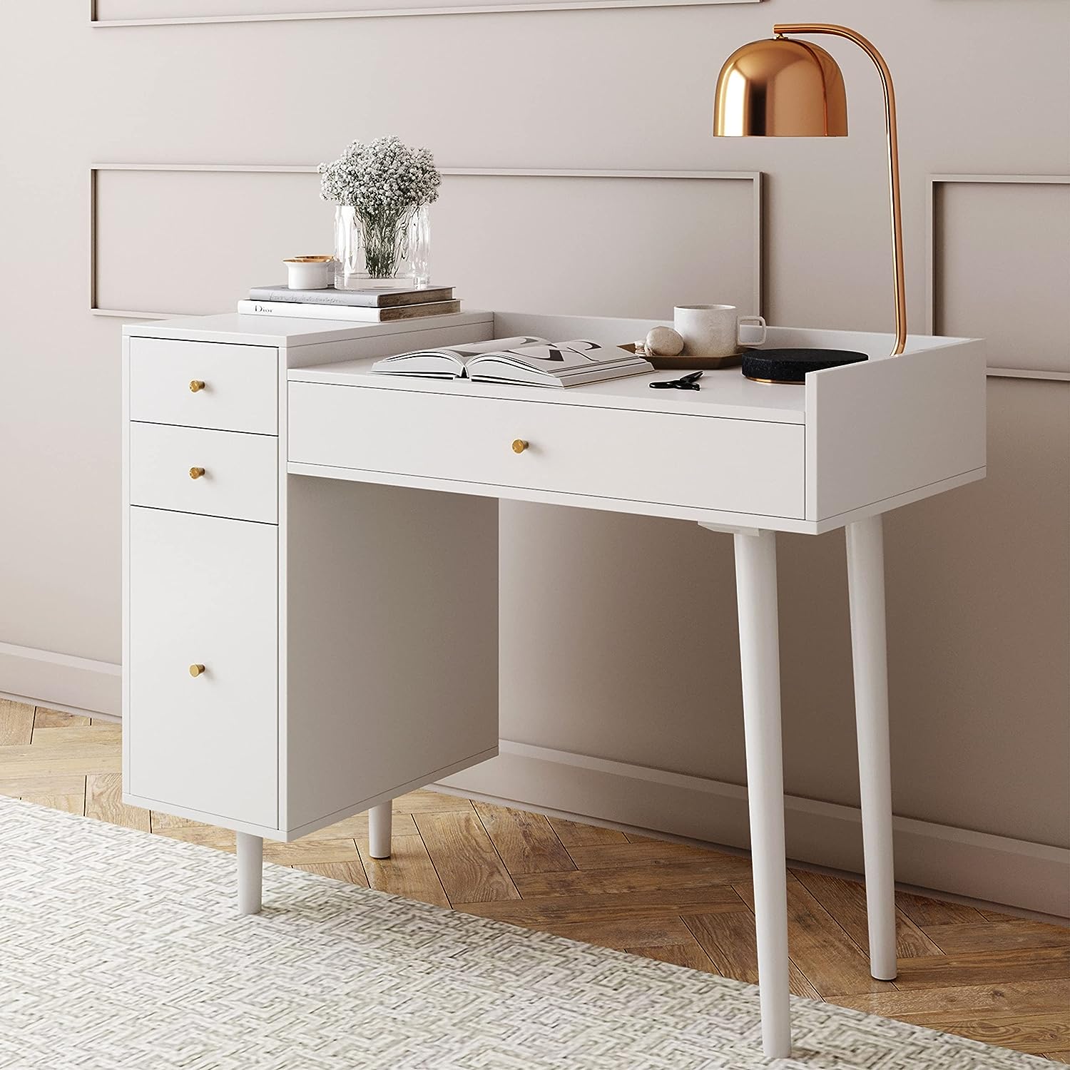 simple white mid century modern vanity desk with ample storage drawers multipurpose bedroom furniture for studying makeup desks affordable minimalistic decor