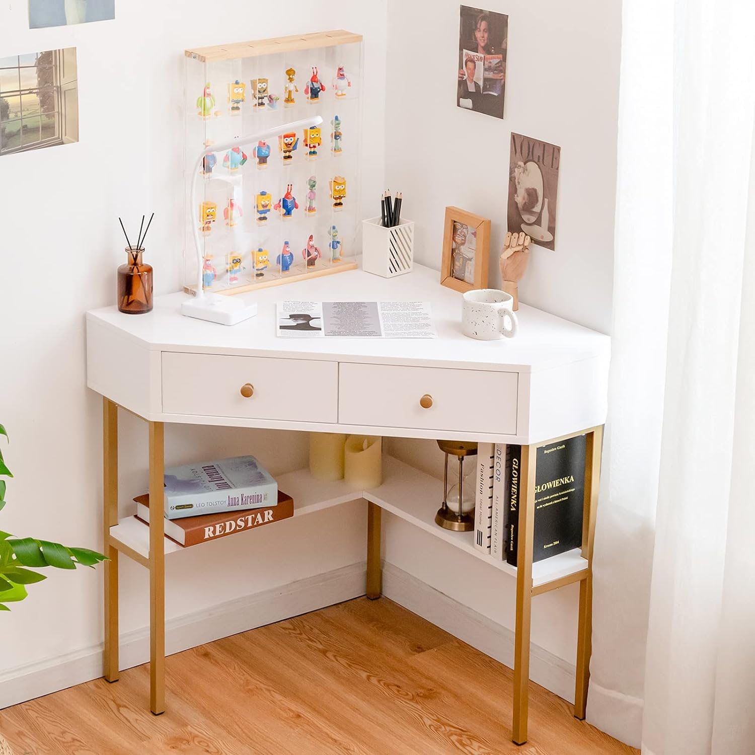 small corner desk with white tabletop and gold legs built in bookshelf and two drawers convenient multipurpose small desks for WFH or vanity bedroom workspace ideas