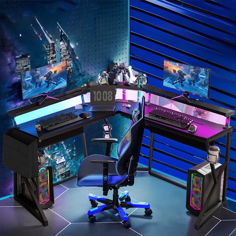 small l shape desk for adult gamers built in monitor stand two tier risers black gaming desk with RGB LED lighting 31 inch length each way compact gaming setup ideas