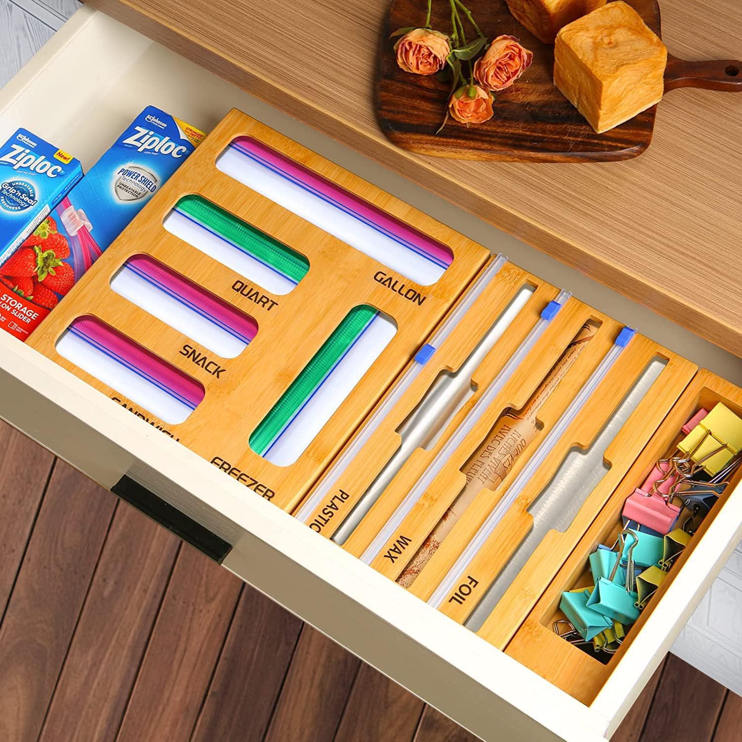 space saving kitchen gadgets for sale online wooden plastic wrap and tinfoil organizer with space for plastic bags and food clips how to keep drawers organized