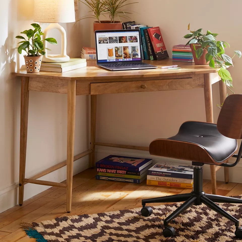 spacious mid century large corner desk with drawer medium rustic finish brown golden wood corner desks for sale online high quality solid wood small space desks MCM