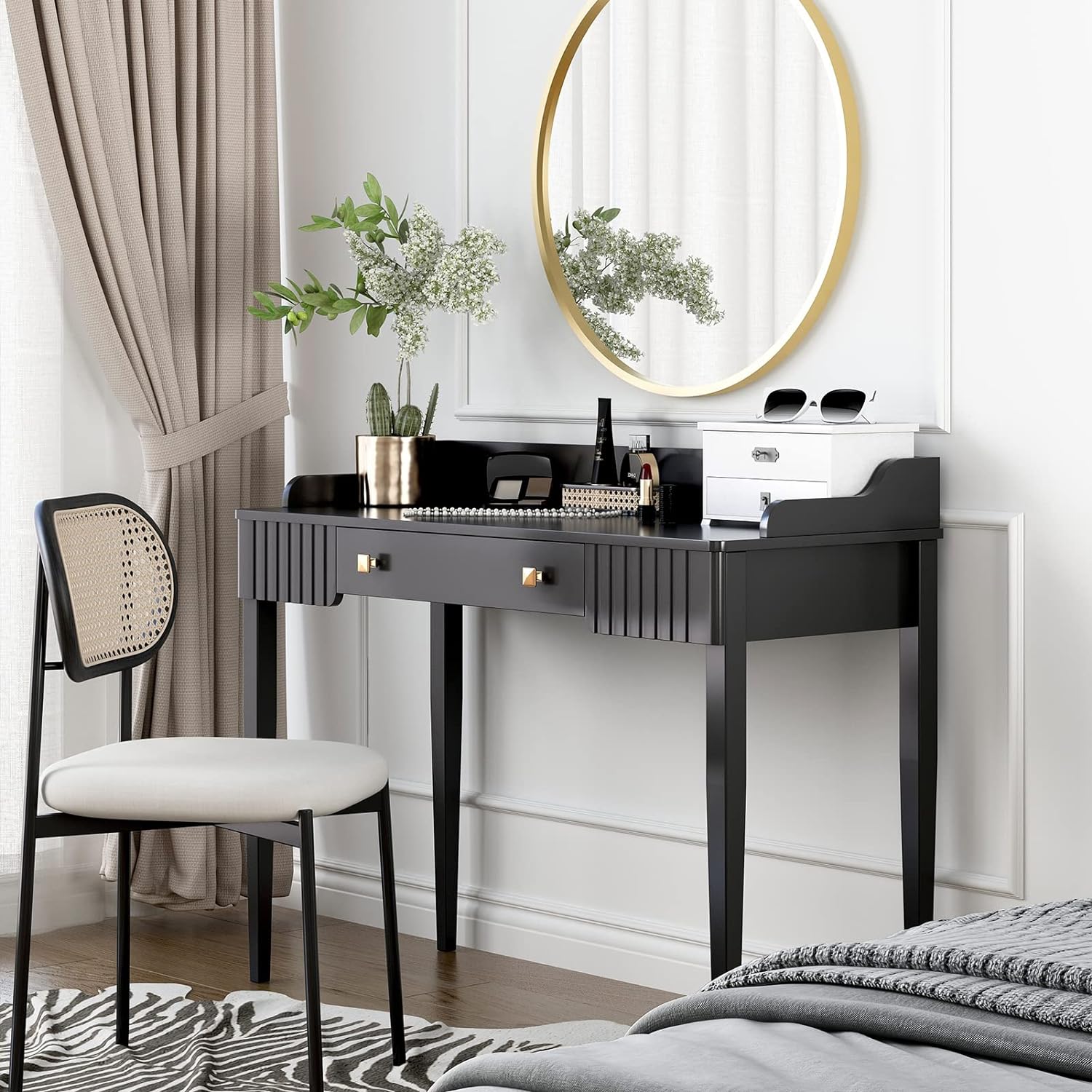 stylish black small vanity desk with classic look traditional furniture options for tiny work from home setup inspiration black desk with drawer and back panel art deco decor theme