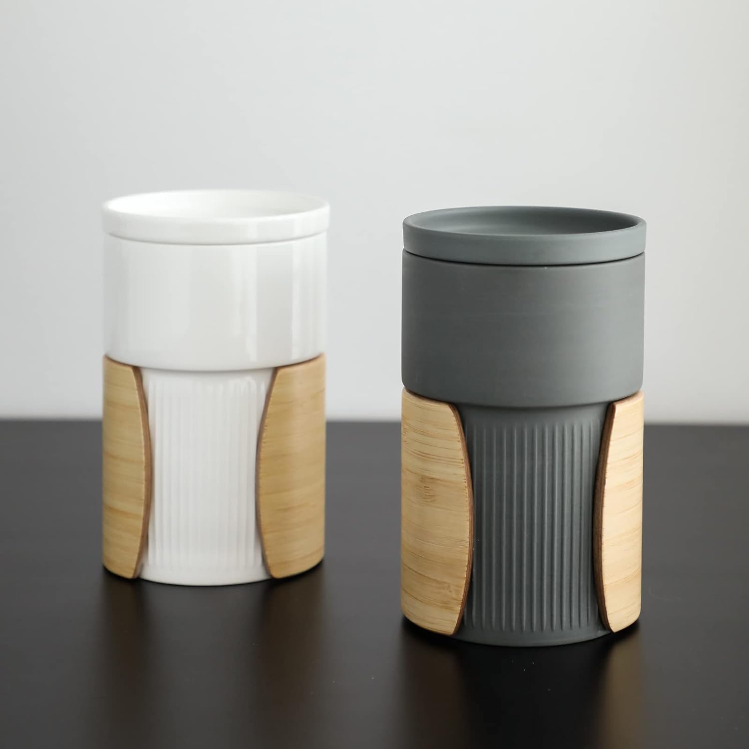 stylish ceramic coffee mug with lid and bamboo sleeve handle handle free coffee mugs for home office work from home beautiful designer coffee mugs for sale online wood details