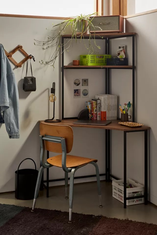 stylish industrial corner desk with hutch black metal framing walnut wood tabletop and two shelves tall desks with storage unique multipurpose bedroom work from home setup ideas dorm