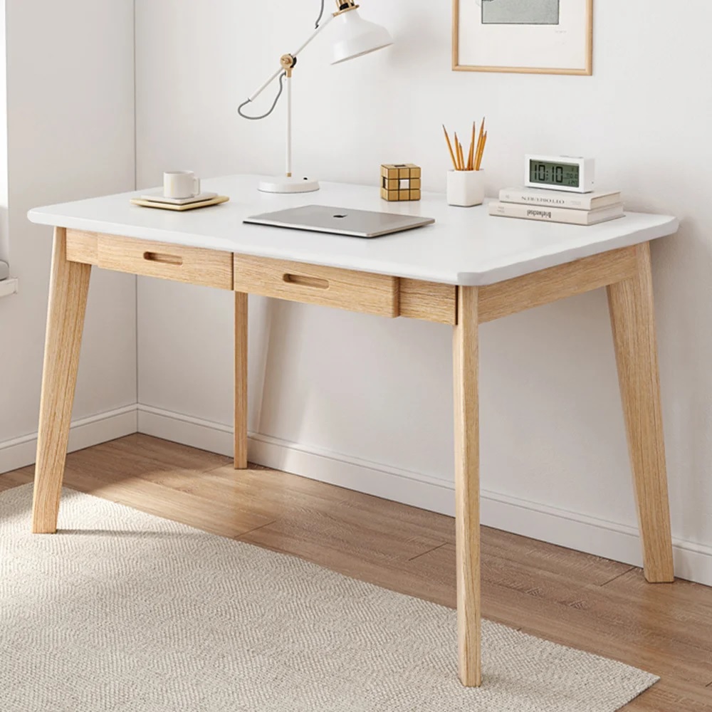 stylish scandinavian small desk table for work from home setup inspiration bright white topped desk affordable cheap multiple sizes available two storage drawers included scandi WFH