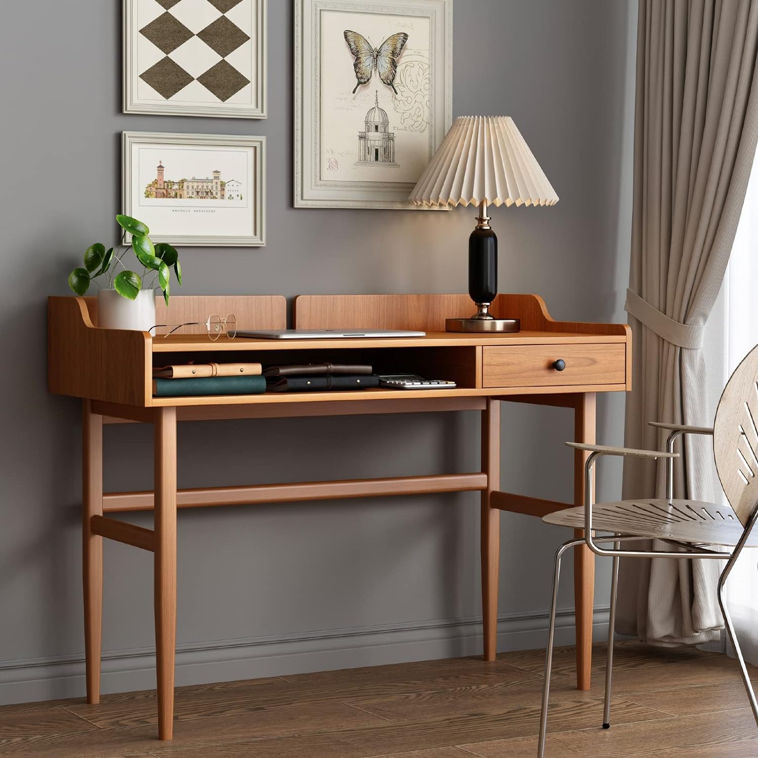 stylish small desk with cubby storage and pull out drawer walnut wood veneers straight leg desk design with cord management writing desk for computers living room WFH setup inspiration