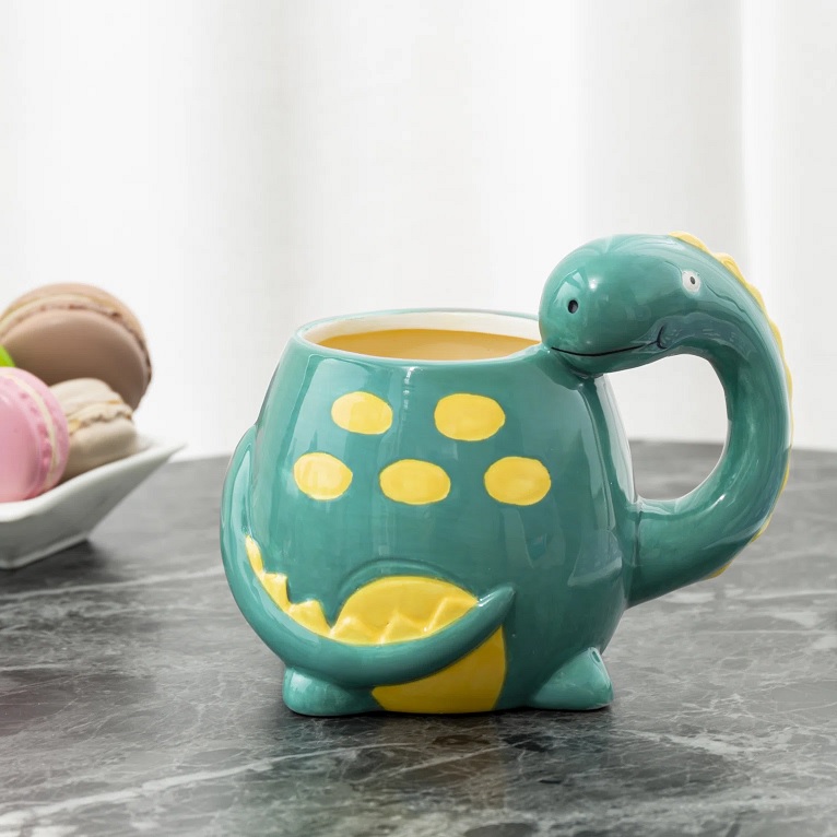 teal pale green dinosaur coffee mug shaped novelty mugs for sale cheap online creative gift ideas for dinosaur fans brontosaurus mug with handle large size yellow dots