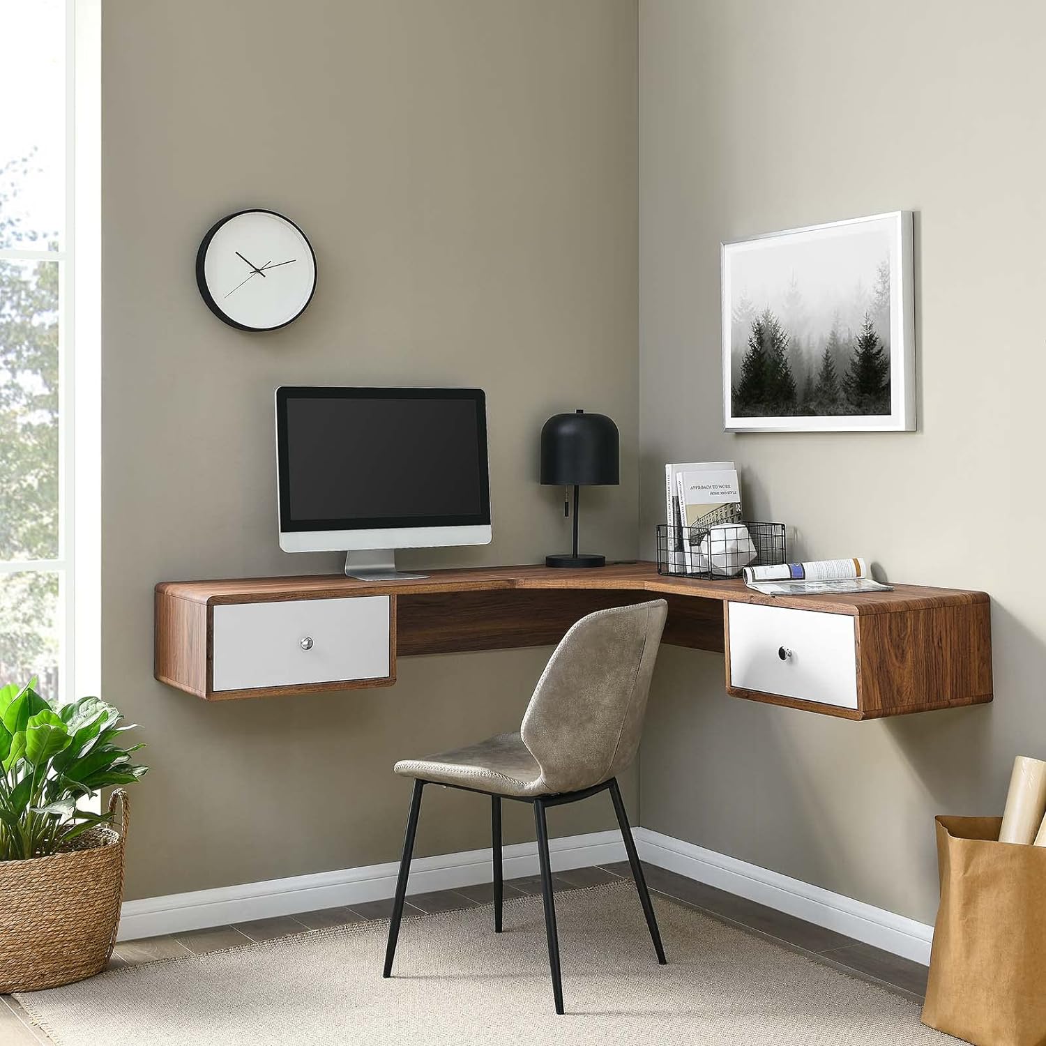 wall mounted mid century modern corner desk with walnut finishes and white drawers convenient space saving home office furniture for tiny work from home setups MCM decor