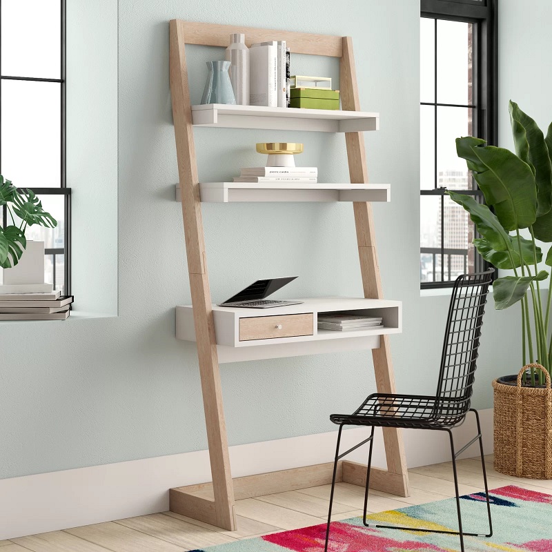 white and wood 33 inch desk that leans against the wall space saving desks for living room home office scandinavian interior decor inspiration for WFH setup cubby shelves laptop table