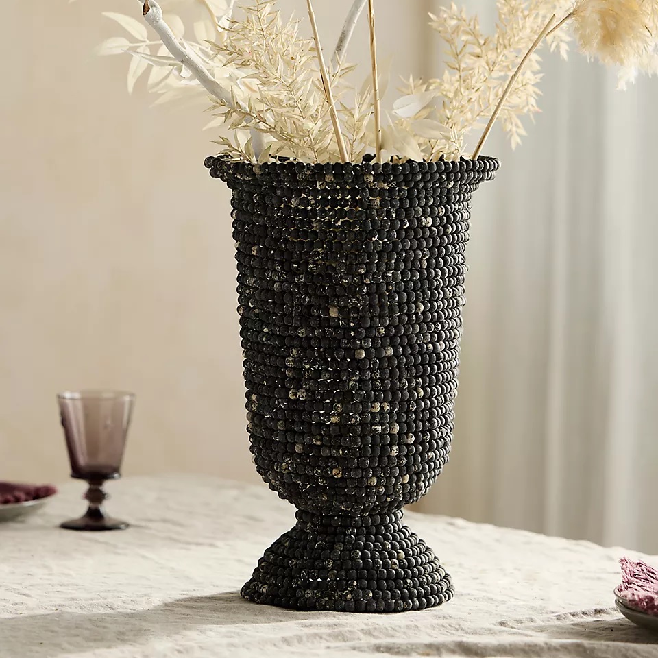 beaded black vase made from wooden beads unique luxury decor for dining room table how to display dried pampas grasses modern boho chic decor for sale online contemporary farmhouse