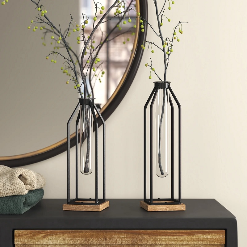 black flower vase with transparent glass propagation tube and thick metal black frame with wooden vase creative modern farmhouse decor ideas for windowsill fireplace mantle