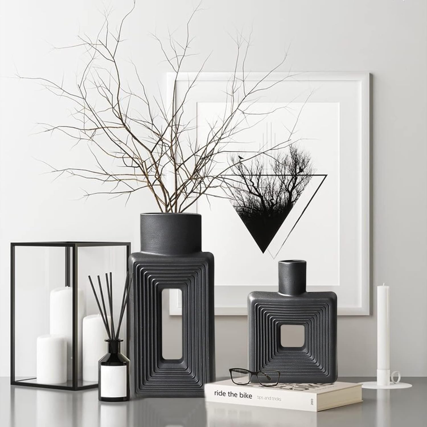 black square vase set made from ceramic with textured faces hollow centers unique sculptural accessories for empty shelves fireplace mantle decor idea housewarming gift inspiration