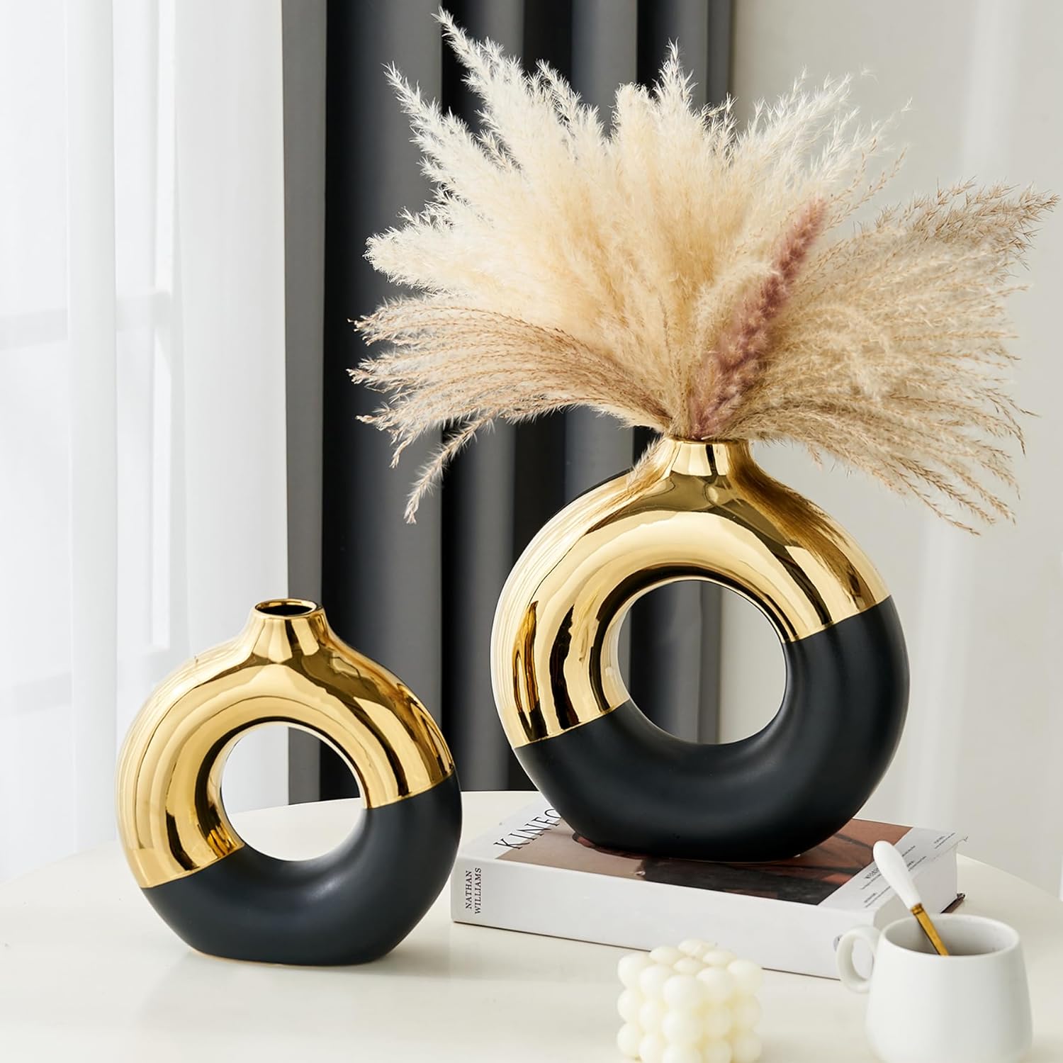 donut shaped glossy gold and matte black ceramic vase for sale online affordable contemporary decor ideas for fireplace mantle how to display pampas grass unique flower cutting display