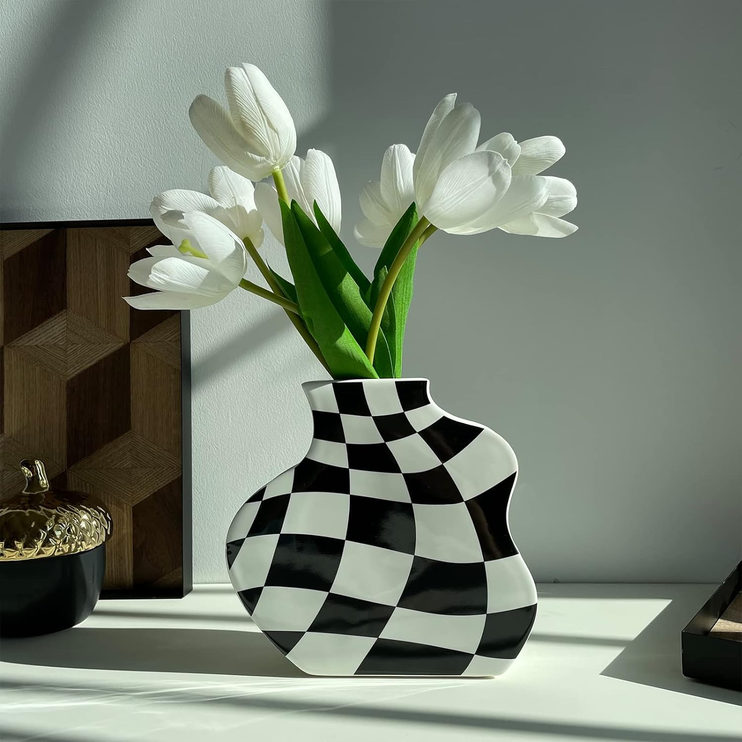 gen z black and white vase decor postmodern checkered pattern ceramic vase trendy decor for dorm room gifts for zoomers stylish vase 7 inches tall wavy shape