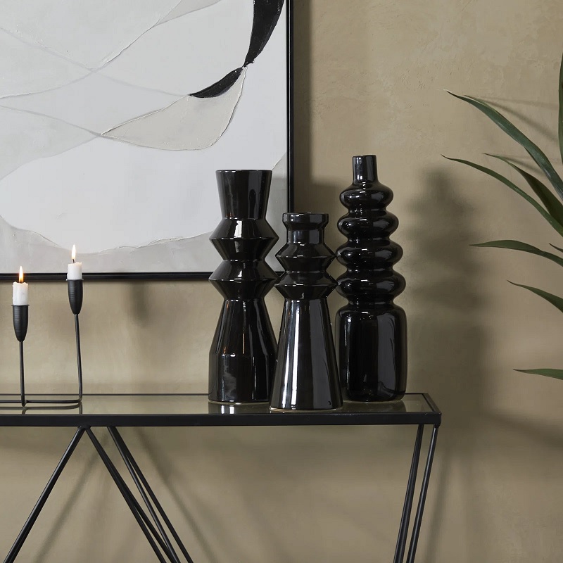 glossy black vase set of three unique ceramic grouping decor inspiration for fireplace mantle or tall console table decor ideas geometric vases with zig zag and wavy sides gift set