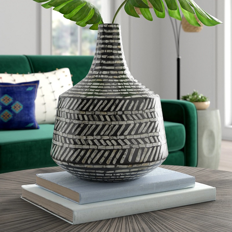 grey and black wooden vase with shell insert pearlescent details unique tribal decor for sale online 16 inches tall vase for side table end table large shelf decor modern boho