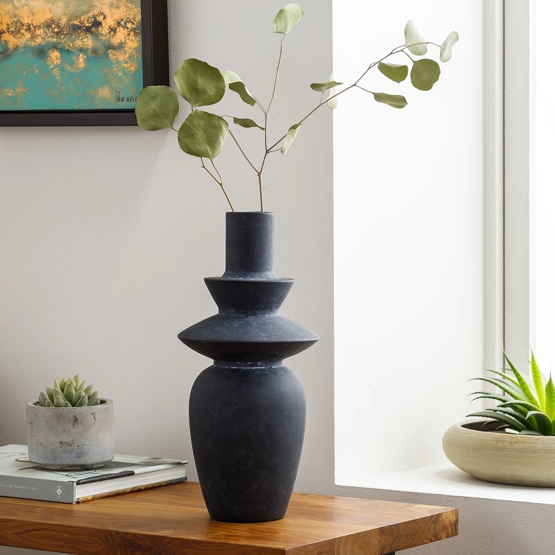 large black ceramic vase with geometric silhouette oversized vases for tables and dried tree branch twig arrangement vessel idea textured dark grey exterior modern housewarming gift