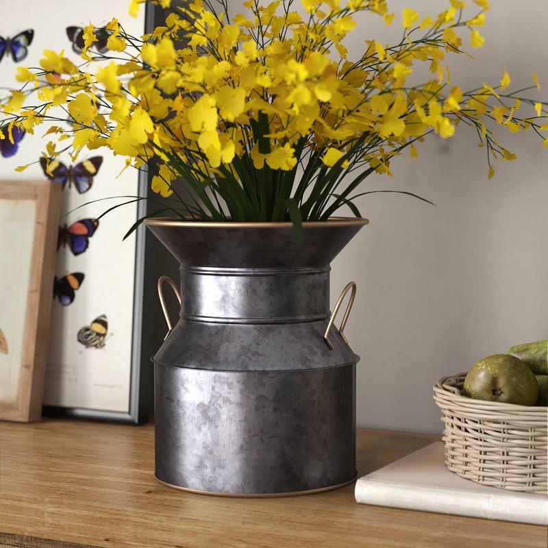 modern farmhouse black rustic vase galvanized metal with gold details small handles cute rustic vase ideas for fireplace mantle entryway nook open shelves