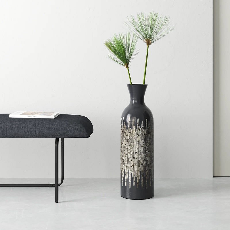 tall black floor vase made from ceramic earthenware with pearlescent shell inset design modern glam accessories for entryway decor idea pampas grass vases for floor