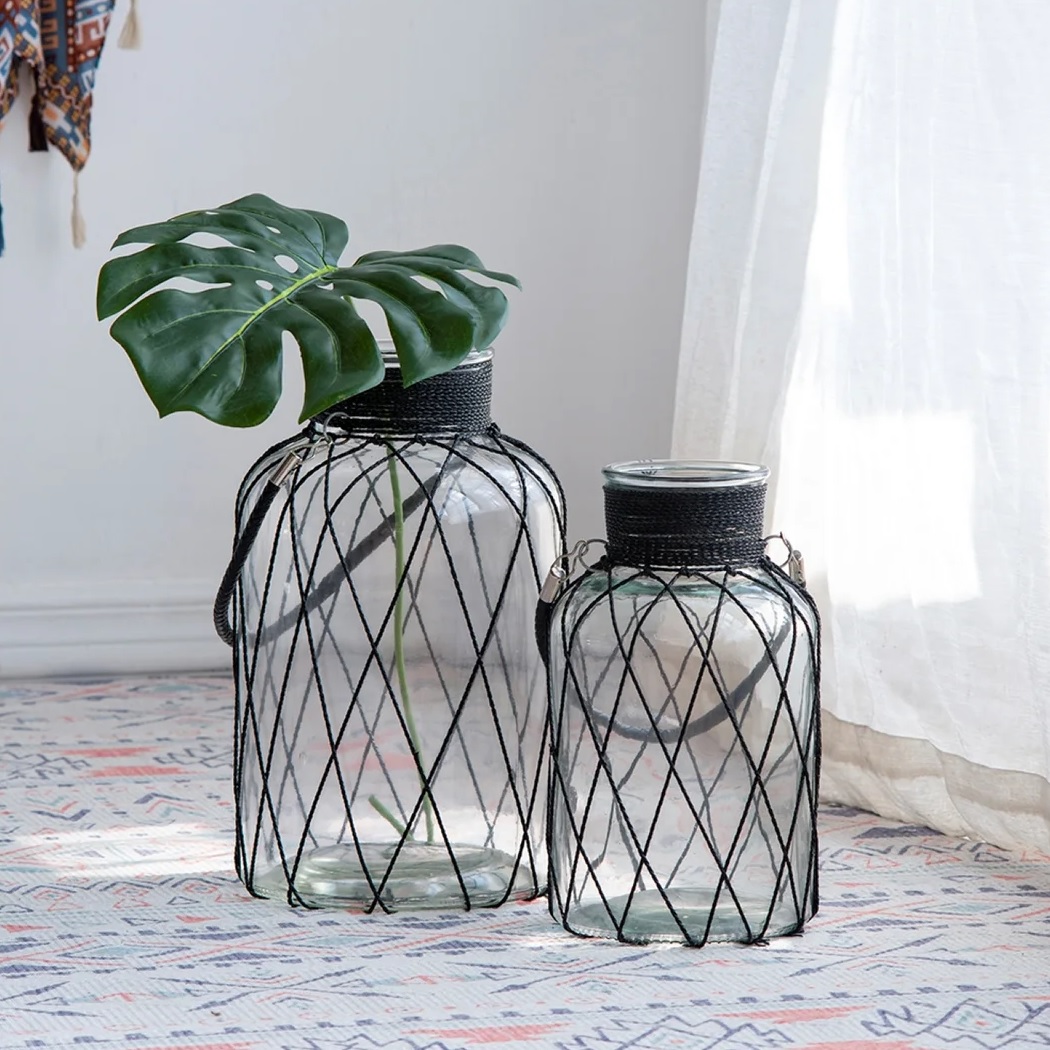 transparent vase with black twine exterior woven details unique modern farmhouse decor for sale online water tight vases with handles faux leather wrapping