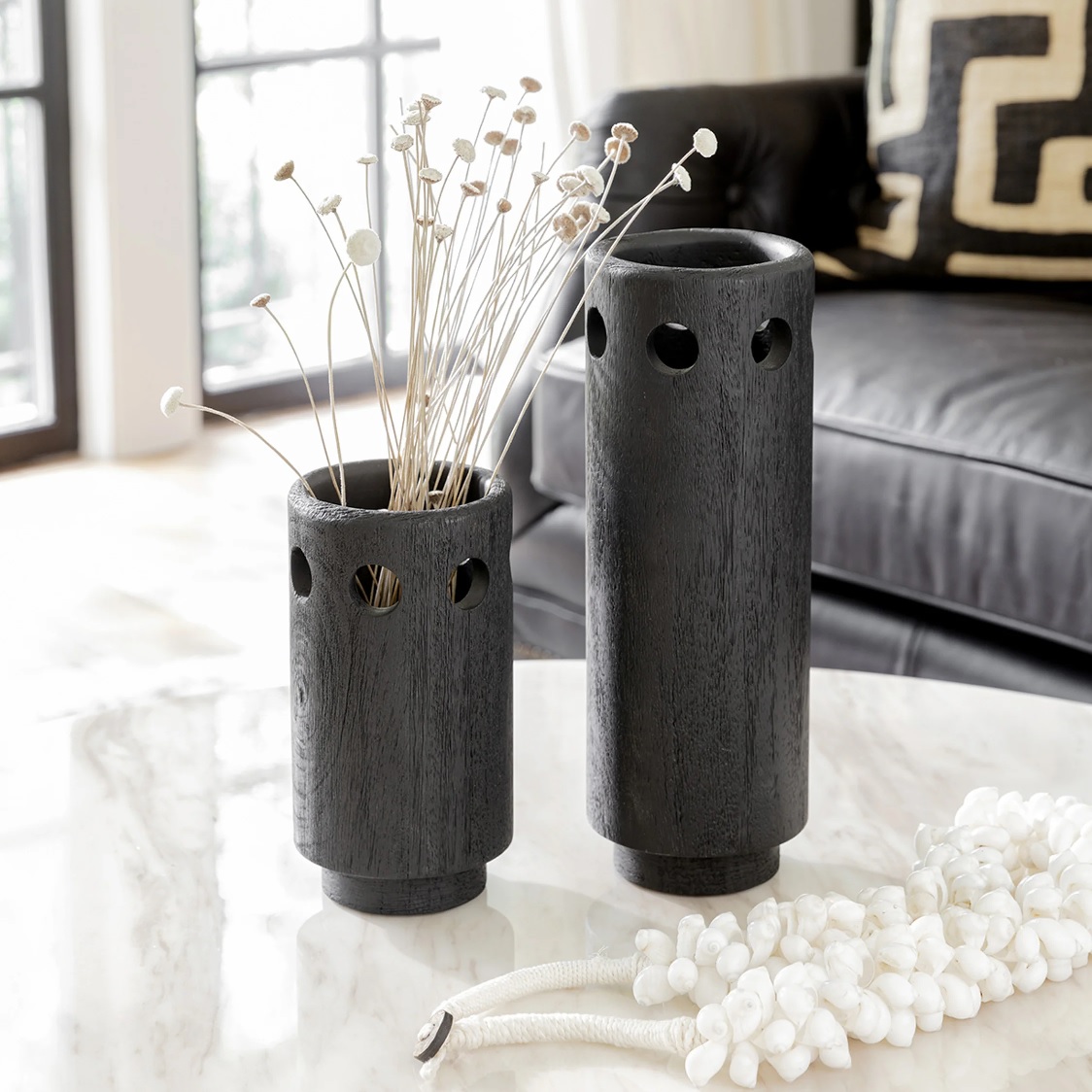 wooden black wood vase with cutout holes on the rim authentic regina andrew vases for sale online high end designer decorative housewarming gift ideas for modern design fans