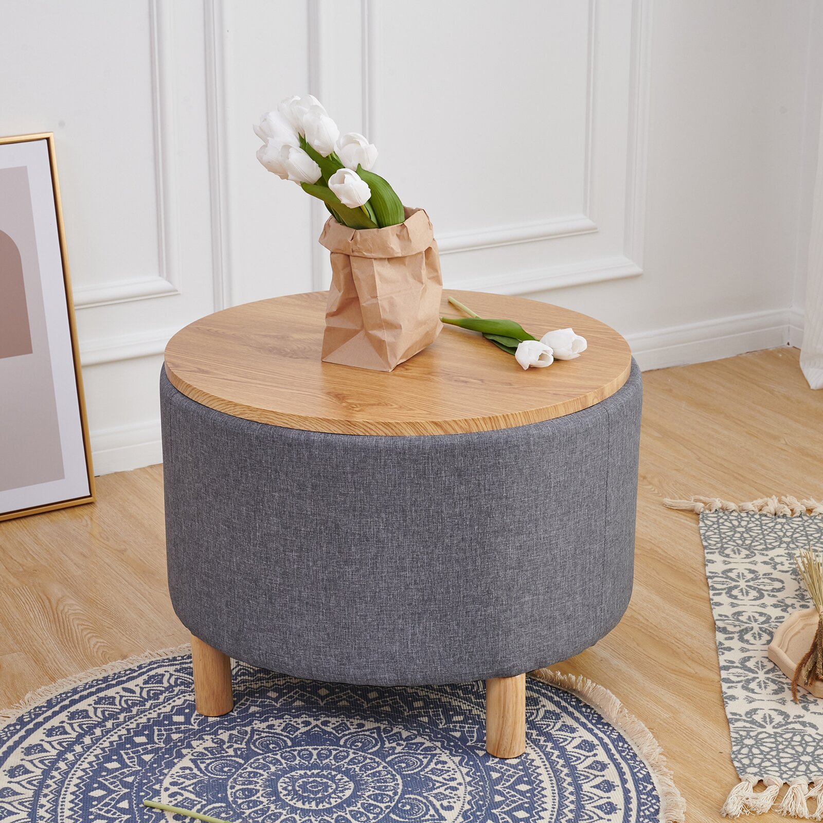 Gray Upholstered Small Solid Wood Coffee Table