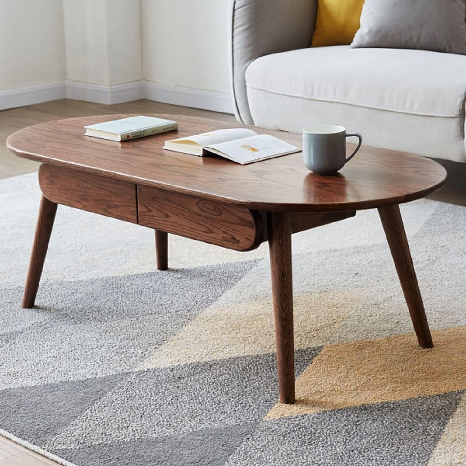 Oval Solid Wood Coffee Table With Drawers