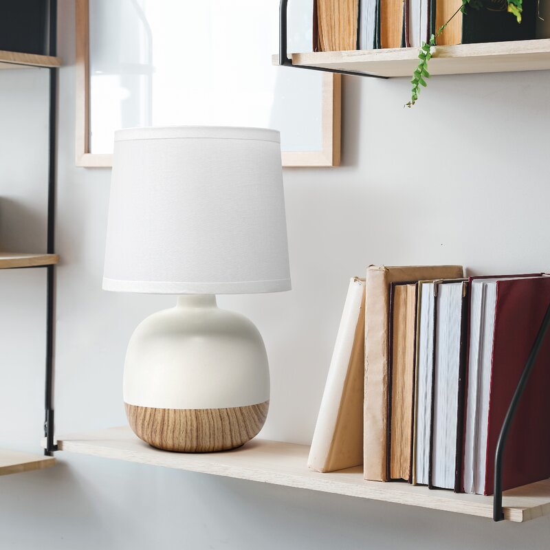 Small White Ceramic Table Lamp With Wood Detail