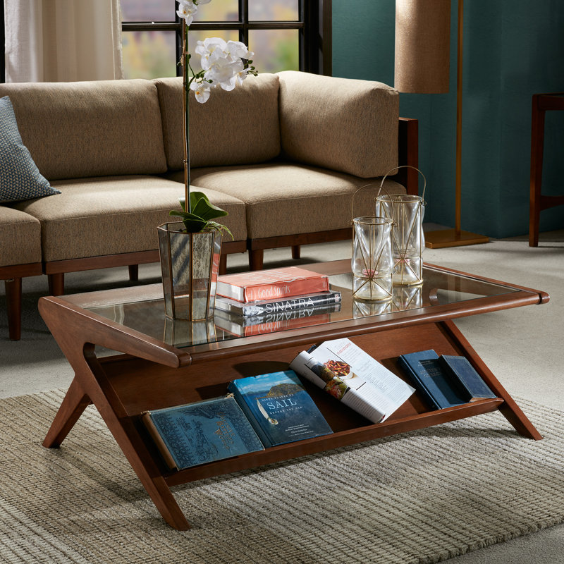 Solid Wood Rectangular Coffee Table With Glass Top