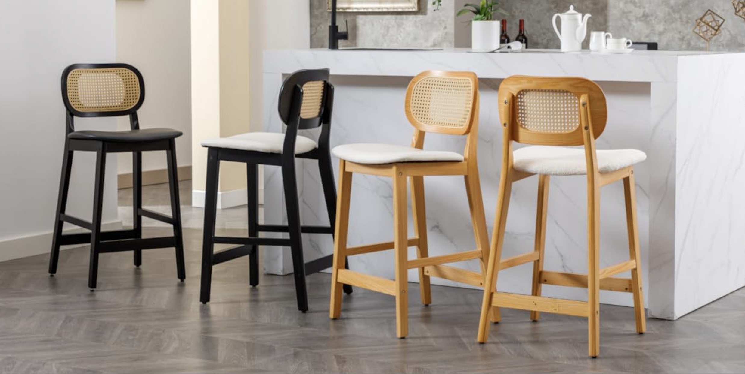 Wood And Rattan Bar Stools