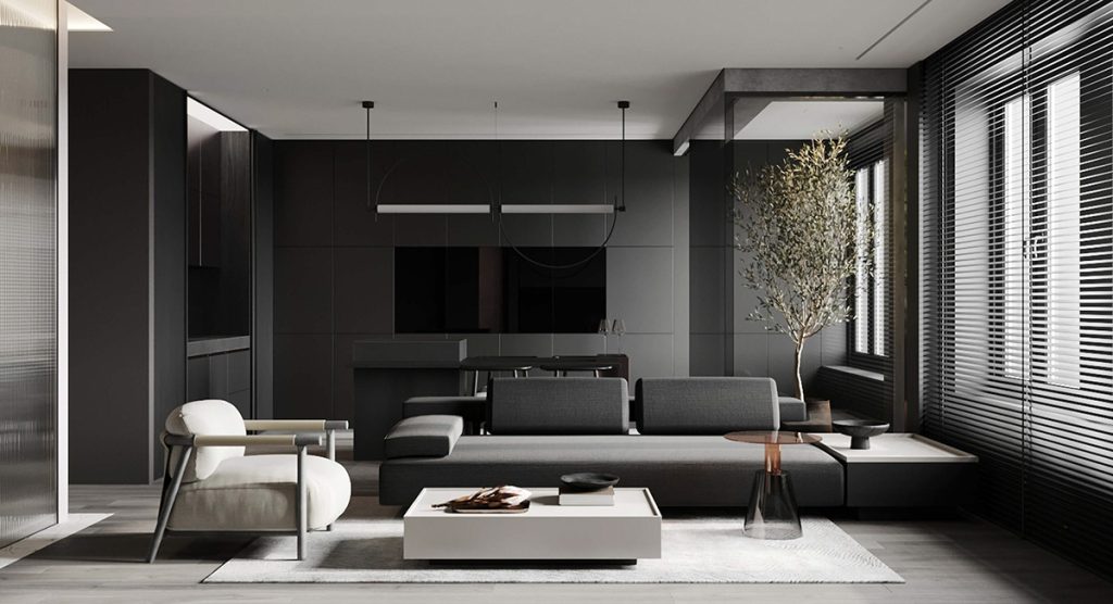 sophisticated gray scale monochromatic interior design 34