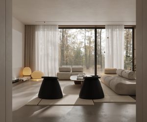 Peaceful Living Space with Warm Floor Lamps and Neutral Hues 11