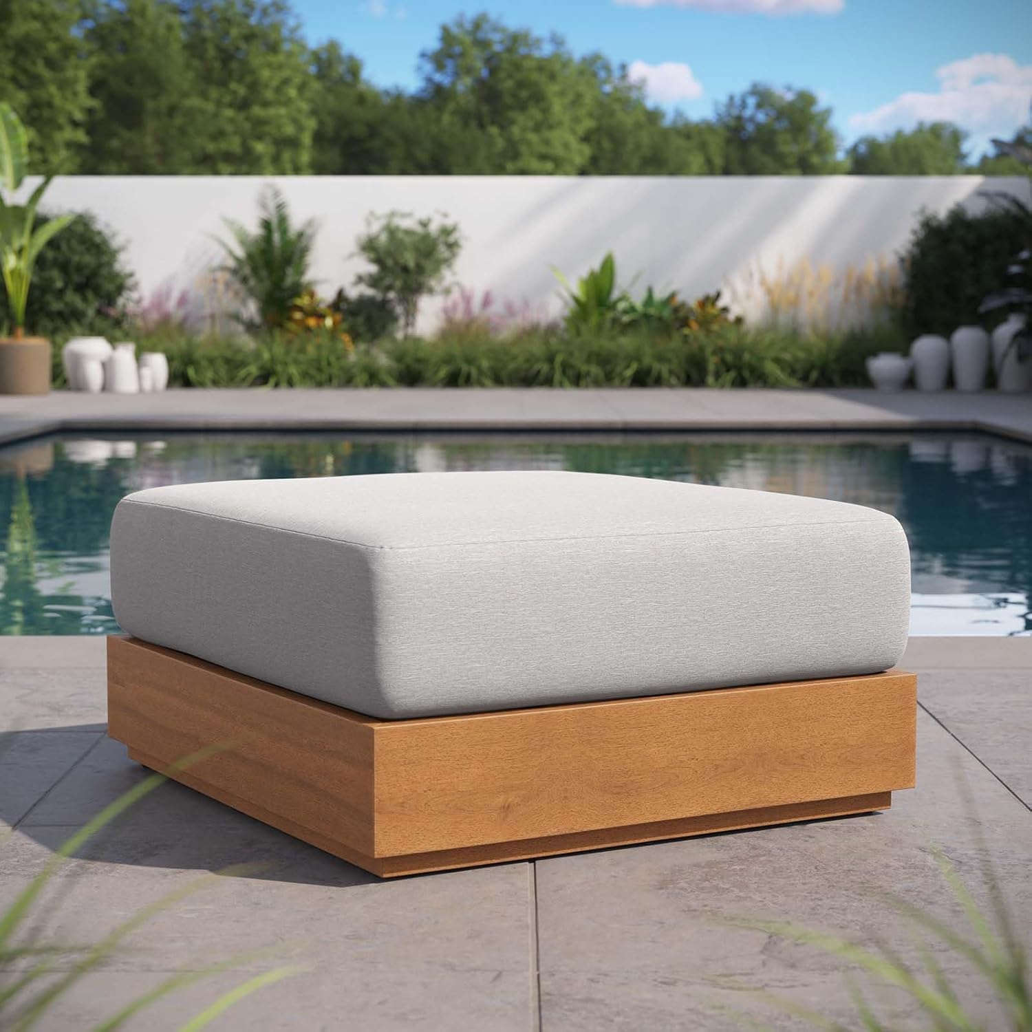 outdoor ottoman with grey top and wood base